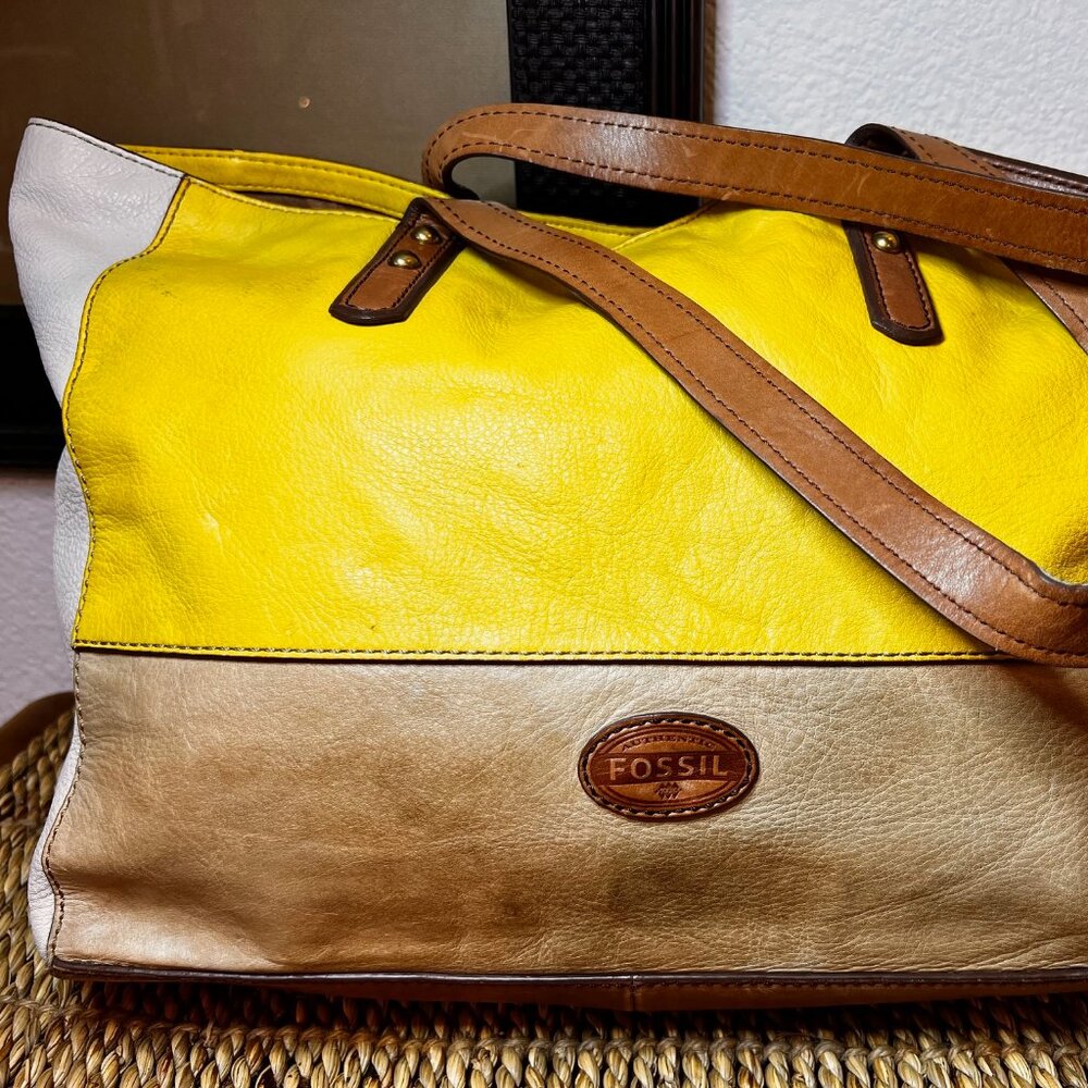 Fossil Zoey Yellow/Beige/Brown Leather Shoulder Bag